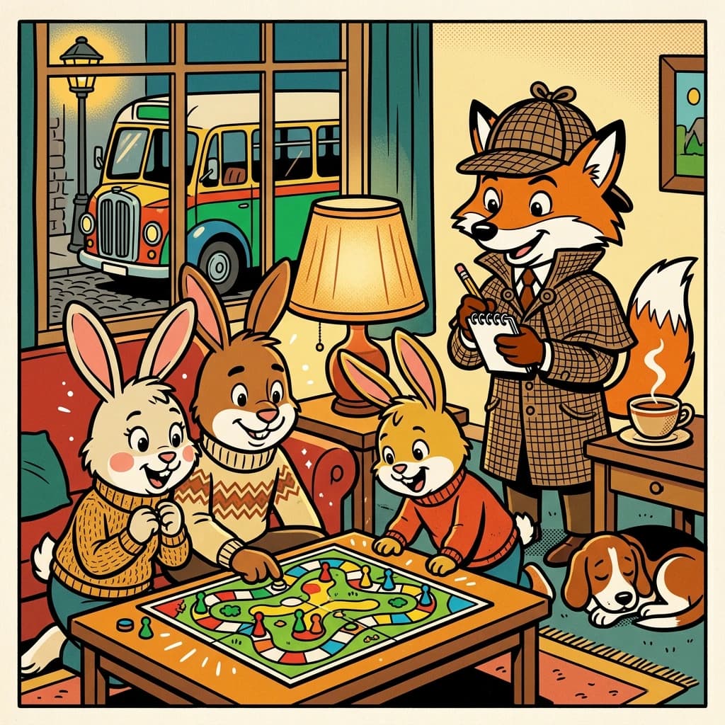 L'Inspecteur Chopini observe en silence une famille de lapins qui joue à un jeu de société. Une tasse de thé fume près de lui, un calepin trop petit dans ses pattes, son bus garé sous le lampadaire à travers la fenêtre.