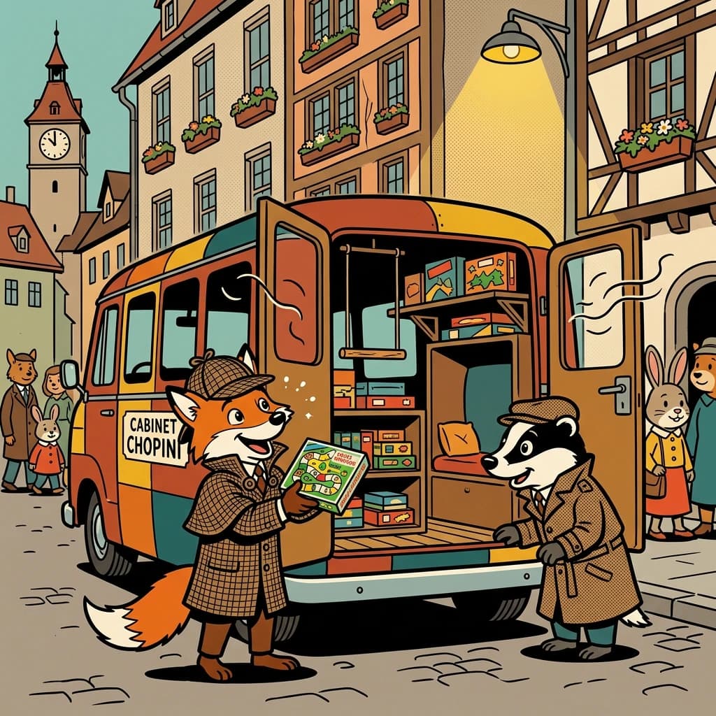 Le bus du Cabinet Chopini, repeint plusieurs fois, garé dans une vieille rue suisse. Coffre ouvert, étagères de jeux visibles, l'Inspecteur tend une boîte à un client blaireau.