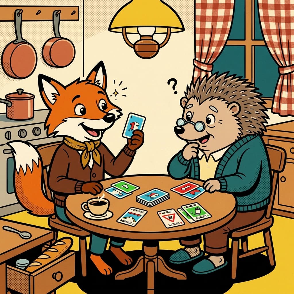 Le jeune Chopini joue au Mille Bornes avec M. Berthoud, un vieux hérisson, dans une petite cuisine d'automne. Une cuillère à café est visible dans le tiroir au pain en arrière-plan.